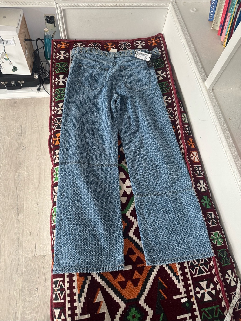 Ganni Light Blue Textured Wide-Leg Jeans with Studded Belt - Picture 5 of 6
